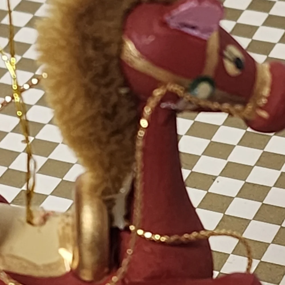 Red Wooden Horse Christmas Ornament Mane and Tail Russ Taiwan Vintage Cute